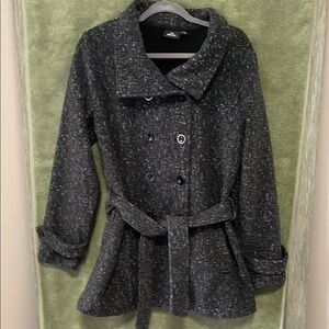 IKE BEHAR Black Pea Coat with Belted Waist and A-Line Silhouette